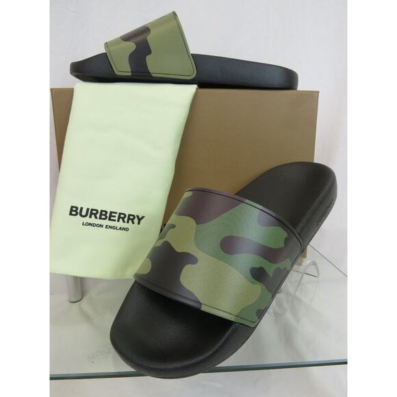 BURBERRY FURLEY GREEN RUBBER CAMOUFLAGE LETTERING LOGO SANDAL SLIDES 44 US 11 - Picture 1 of 12